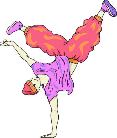 Colorful breakdancer in one-handed freeze on transparent background