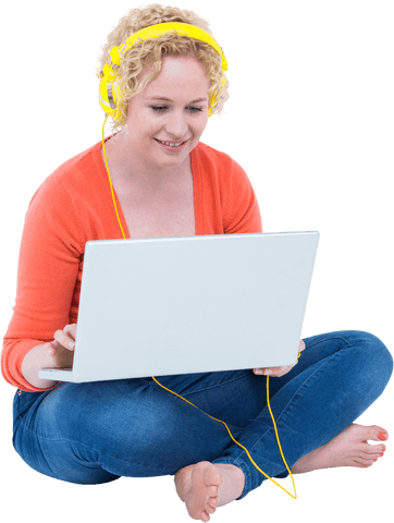 transparent young woman with laptop listening to music relaxing - Download Free Stock Videos Pikwizard.com