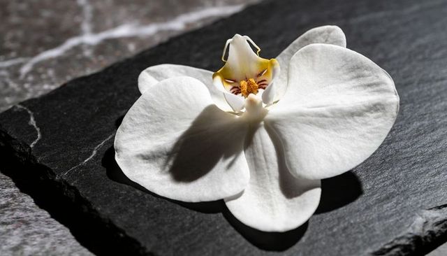 White orchid lying on dark slate minimalist macro showing yellow-maroon lip