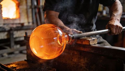 Artisan glassblower shaping glowing molten glass bubble on blowpipe by furnace workshop
