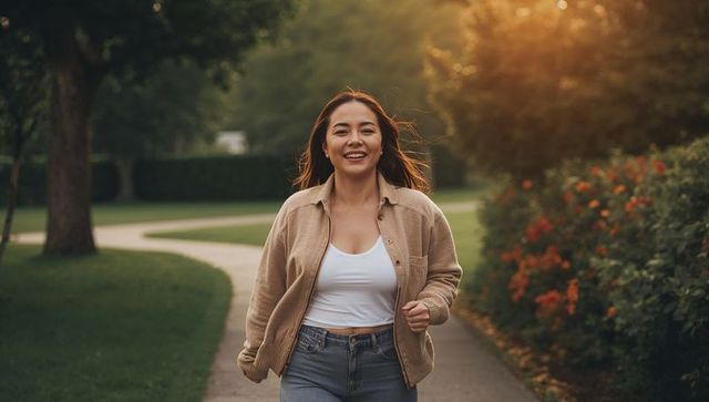 Smiling woman walking along winding park path during golden hour, casual spring stroll