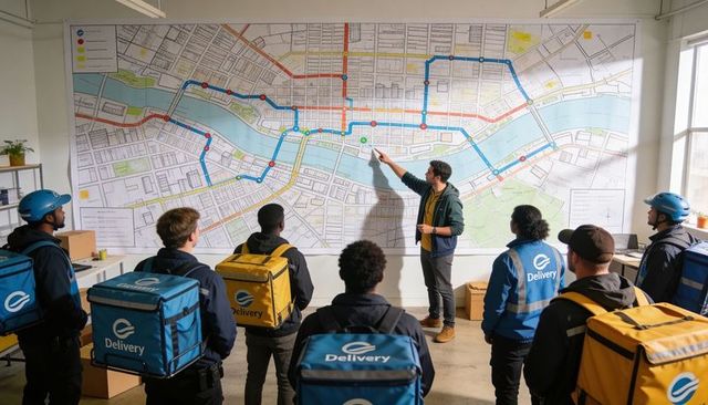 Delivery team planning urban routes using large city map during warehouse briefing