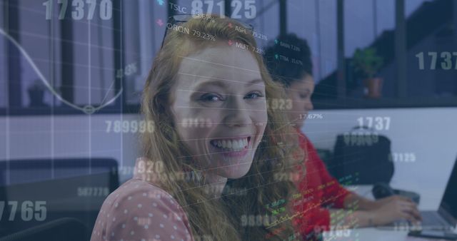 Smiling Businesswoman in Office with Stock Market Projections Overlay - Download Free Stock Images Pikwizard.com