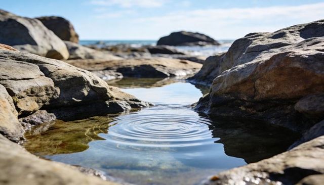 Rippling tide pool forming concentric rings on rocky coastal shore under sunlight