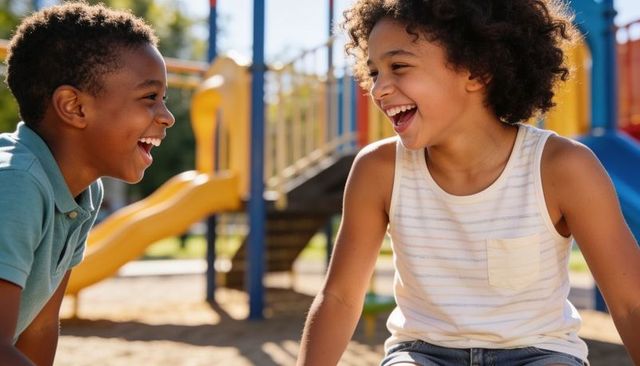 Joyful kids laughing on sunny park playground near yellow slide, friendship and play