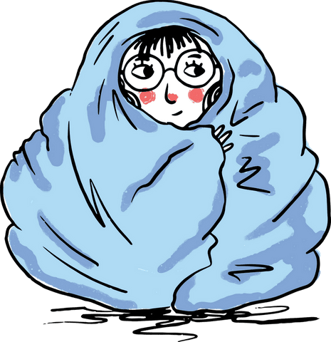 Cartoon person snuggling under cozy blue blanket on transparent background