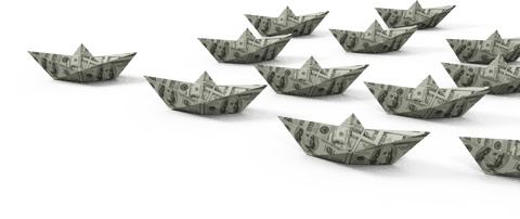 Fleet of Transparent Dollar Boats Representing Financial Strategies