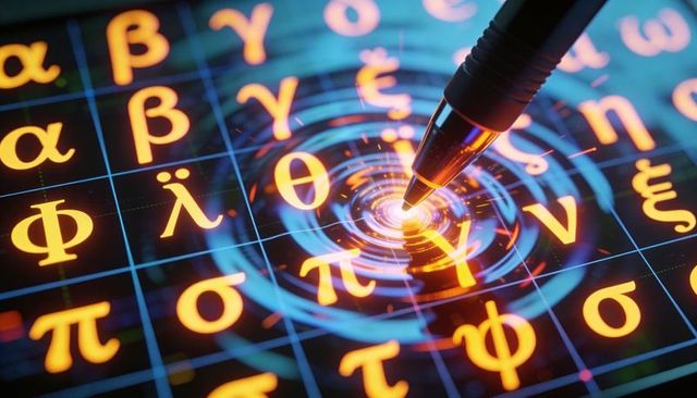 Stylus creating holographic greek symbol interface with neon ripples and data grid