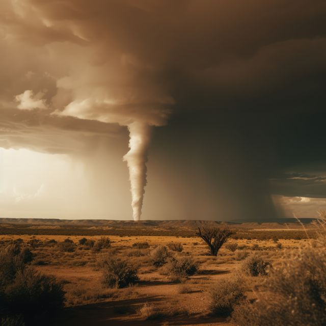 Powerful image of a tornado forming over a dry desert landscape, emphasizing the stark contrast between the arid desolation and the violent storm. Useful for educational materials on natural disasters and extreme weather, meteorology lessons, or evocative content for articles focusing on the impacts of climate change.