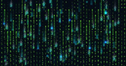 Flowing binary code digital matrix with glowing data blocks