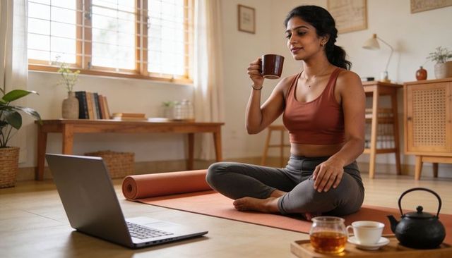 Sipping tea during home yoga flow while streaming online class on laptop
