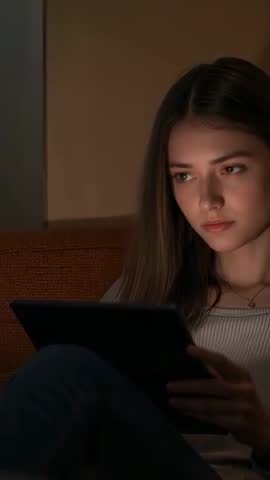 Young woman reading on tablet at night on sofa, soft screen glow, cozy vertical video