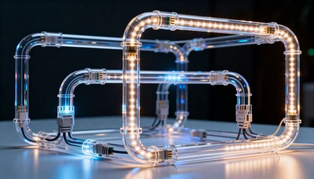 Modular glowing led tube sculpture forming linked rectangular loops with connectors