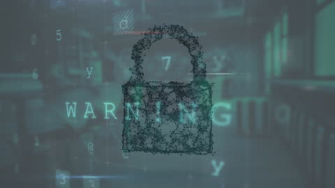 Digital Lock Symbol with Warning Text Over Blockchain Background