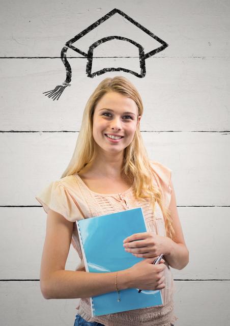 This visual shows a smiling young woman, holding a file, with an illustrated graduation cap above her head on a white wooden wall background. Represents achievement, education, and academic success. Ideal for use in educational blogs, graduation announcements, student services marketing, and academic websites.