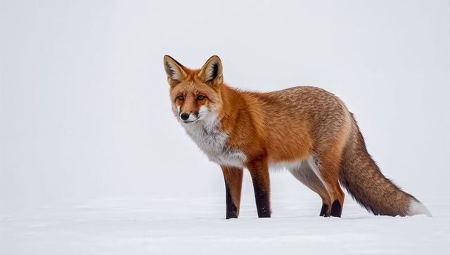 Standing red fox on snowy plain with bushy tail and winter coat, overcast sky