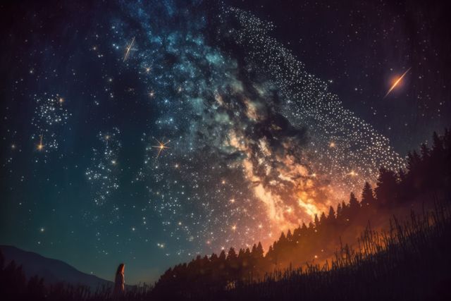 Woman standing in awe, gazing up at a breathtaking night sky filled with stars, shooting stars, and the Milky Way. Striking scene set over a dark forest, highlighting the beauty and vastness of the cosmos. Perfect for use in themes related to astronomy, nature, serenity, exploration, and the beauty of the universe.
