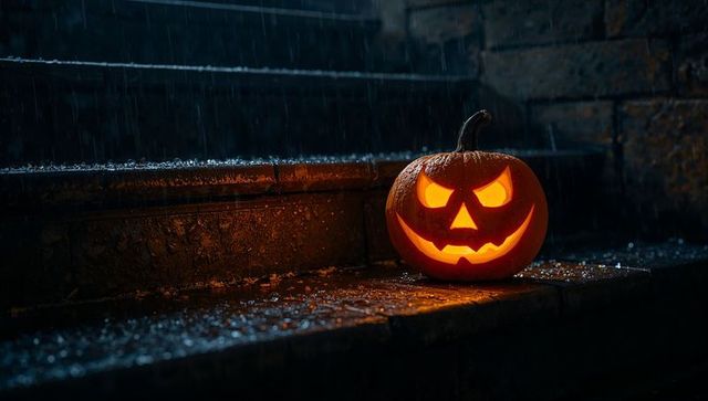 Halloween jack-o'-lantern illuminating rainy stone stairs at night
