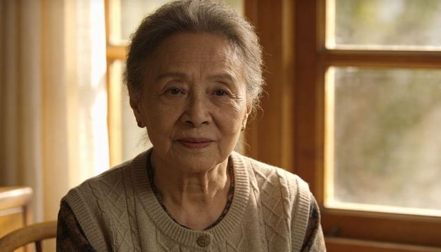 Senior asian woman sitting by sunlit window gazing calmly serene indoor portrait elder care