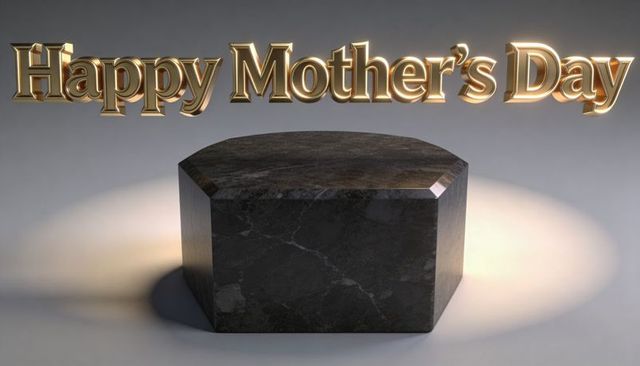 Golden happy mother's day typography over dark marble pedestal with spotlight
