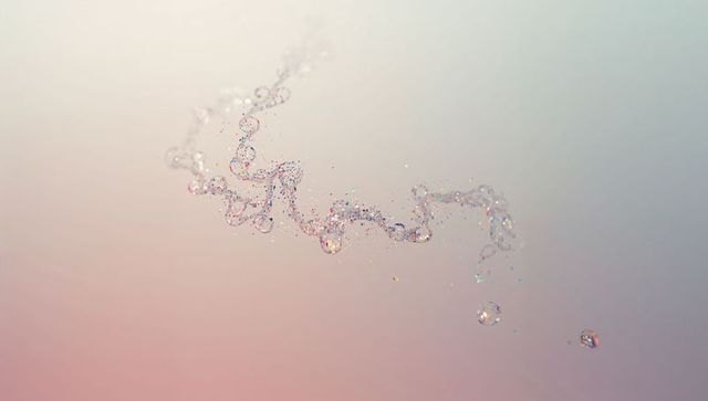Glittering translucent droplet ribbon twisting across soft pastel gradient backdrop