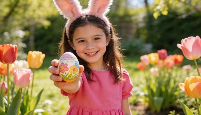 Smiling girl offering painted easter egg in sunlit tulip garden wearing bunny ears