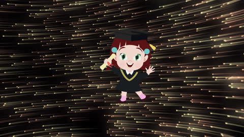 Animated Schoolgirl Graduation Floating in Glowing Light Trails