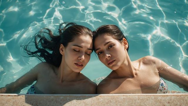 Two women relaxing at pool edge in sunlit turquoise water with floral bikini tops