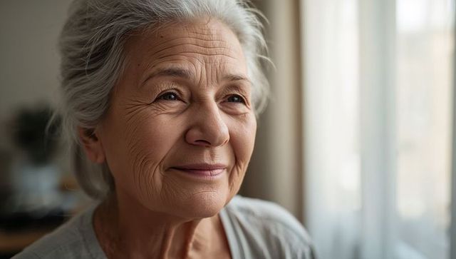 Serene elderly asian woman gazing by window in tranquil setting