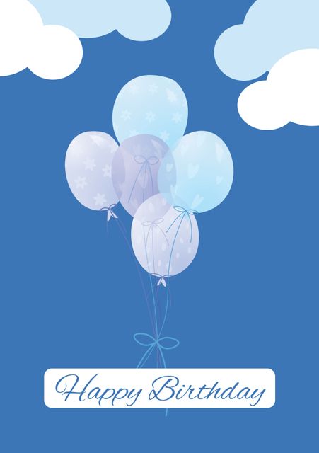 Ideal for birthday greeting cards, party invitations, and festive decorations. Featuring a cluster of pastel balloons with a birthday message set against a blue sky with fluffy clouds, this design conveys a joyful and celebratory mood, perfect for birthdays of all ages.