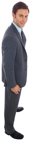 Cheerful Businessman in Grey Suit Posing Confidently on Transparent Background