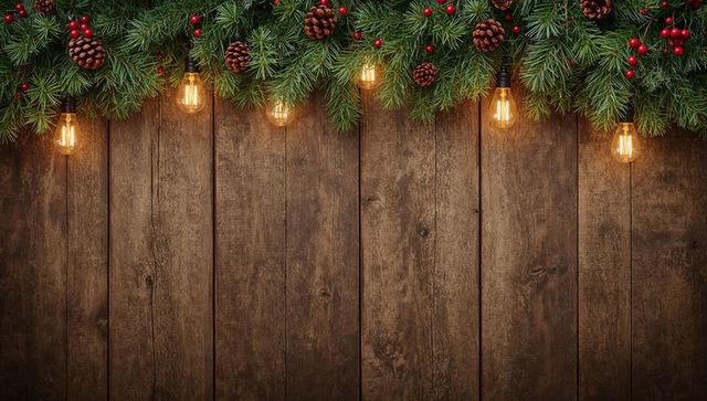 Rustic christmas garland with pinecones, berries and warm filament bulbs over wooden planks
