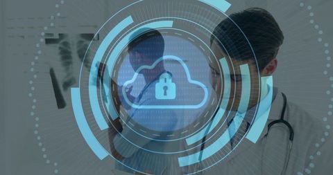 Doctors Researching Diagnostics with Digital Security Concept