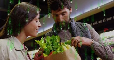 Couple Examining Groceries with Digital Binary Overlay