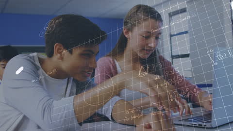 Students Collaborating on Laptop with Mathematical Graph Overlay