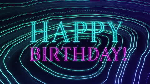 Neon Happy Birthday Greeting with Topographical Patterns