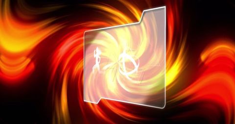 Translucent accessibility folder in fiery vortex with running and wheelchair icons