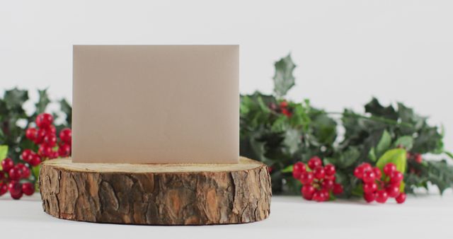 Image of berry and leaf christmas decorations with blank white card on log, with white background. christmas, tradition and celebration concept.