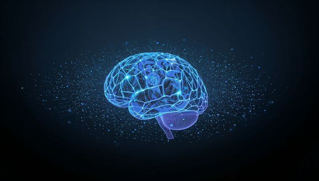 Glowing 3D wireframe brain emitting data particles on dark background, neural network