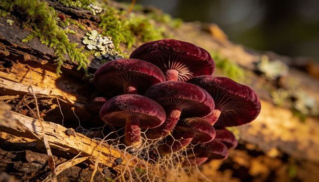 Burgundy velvet mushrooms growing on decaying log with visible mycelial threads