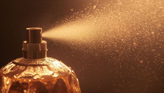 Faceted glass perfume bottle spraying mist in golden light