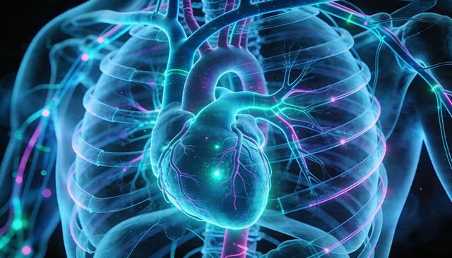 Neon glowing human heart within transparent ribcage highlighting aorta and coronary vessels