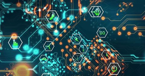 Futuristic Digital Circuit with Eco-Sustainability Symbols