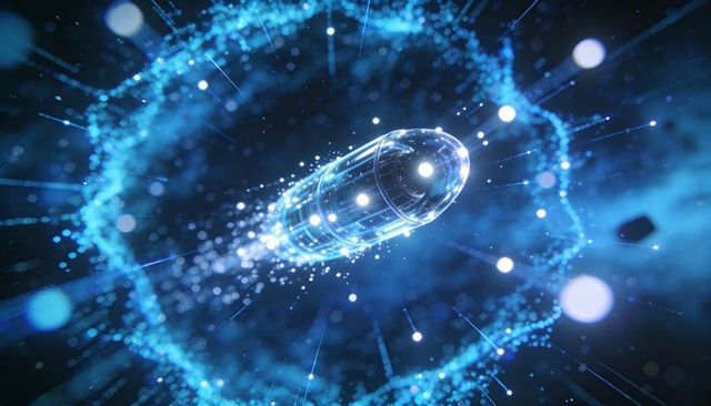 Transparent probe gliding through neon energy vortex with sparkling particle trail