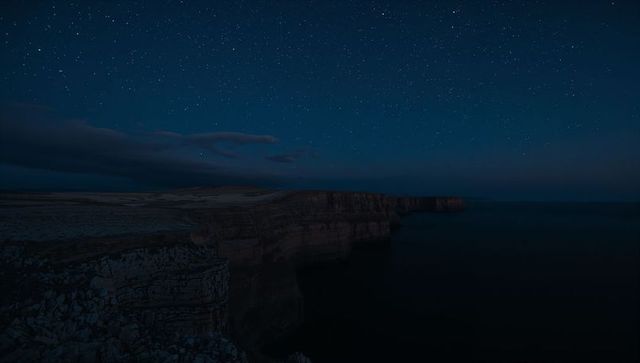 Starlit sea cliffs at night stretching along rugged coastline with calm ocean horizon