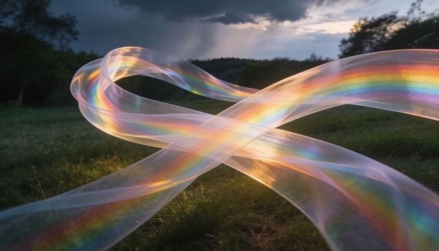 Flowing iridescent ribbons refracting rainbow light across dusk meadow with distant storm
