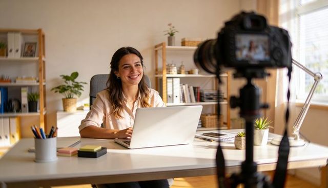 Smiling content creator recording vlog with dslr and laptop in bright home office