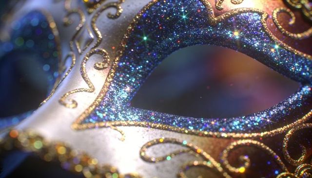 Glittering venetian masquerade mask with gold filigree and blue iridescent sparkle