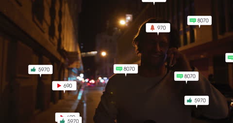 Man Walking at Night with Social Media Notifications Hovering