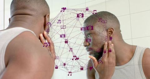 Black man inspecting skin in mirror with purple network overlay futuristic skincare concept